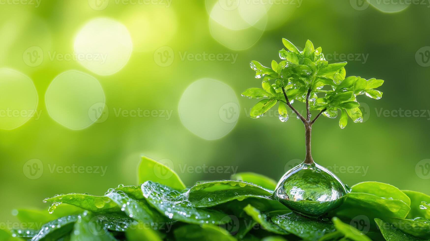 Tiny Tree Growing Inside a Water Drop on a Green Leaf Surface Amidst a Bright Soft Background photo