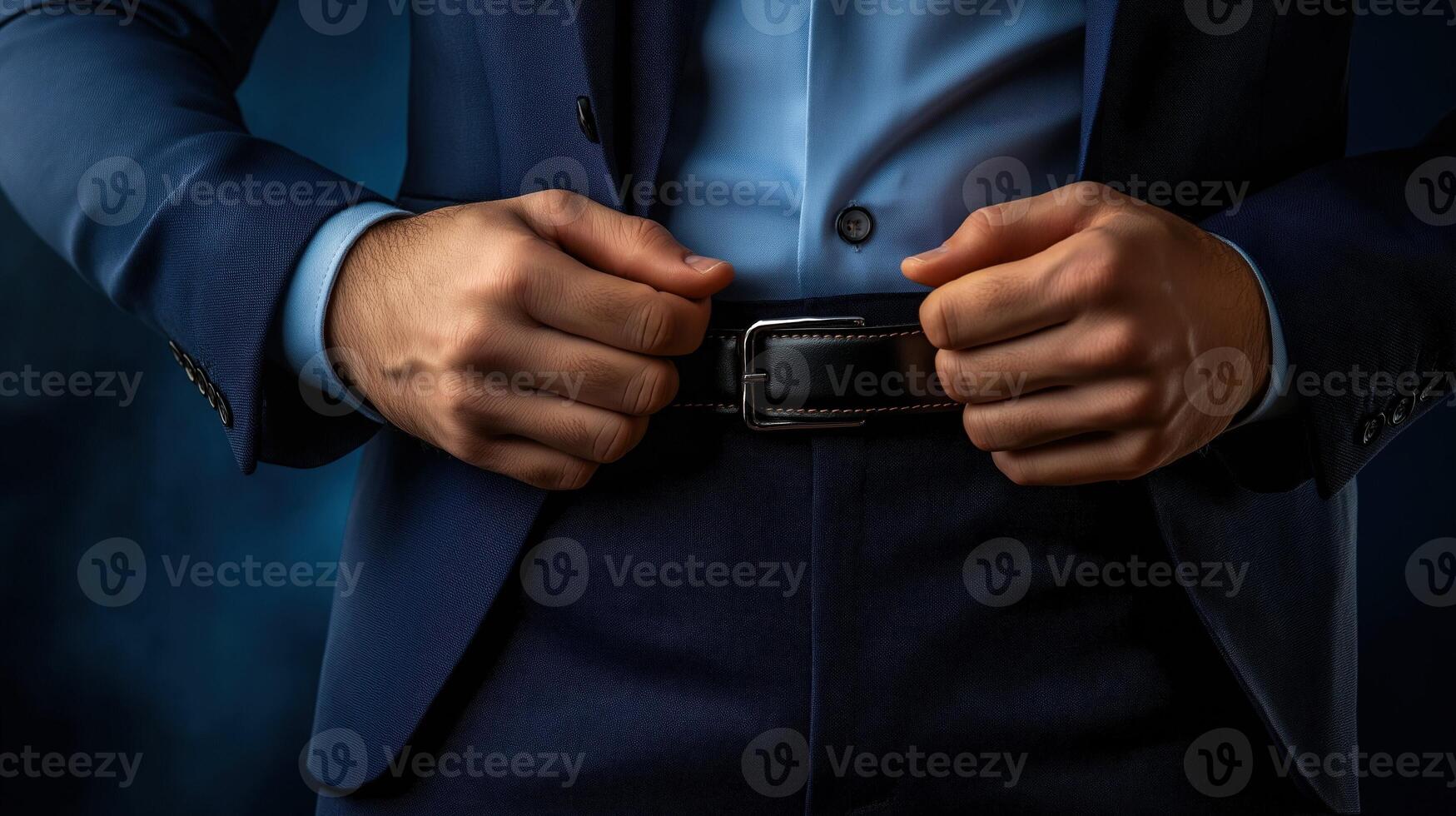 Professional Man in Suit Fastening Belt with Formal Attire in Studio Setting with Dark Background photo