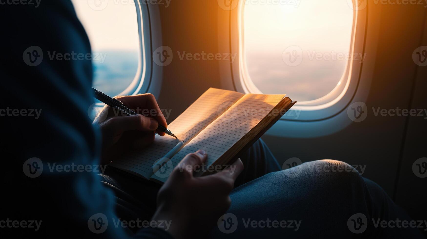 Person Writing in Notebook While Sitting by Airplane Window During Sunset with Scenic View Outside photo