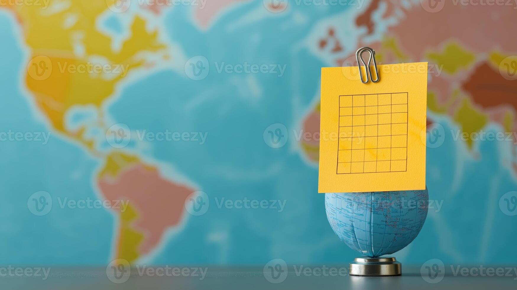 Colorful World Map Background with Globe and Sticky Note for Planning, Ideas, and Learning Activities photo