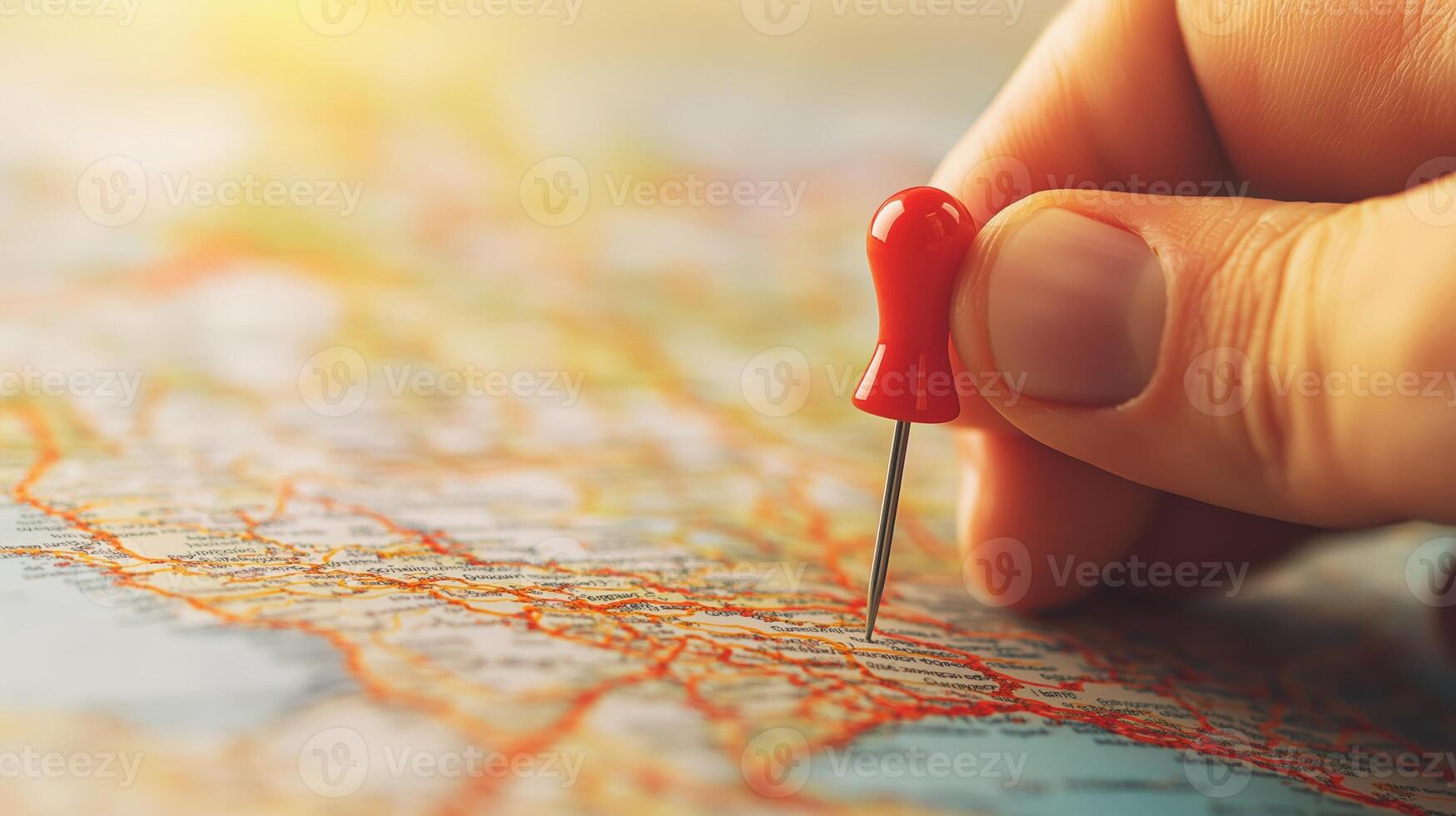 Hand Holding Red Pushpin Marking Location on Detailed Geographic Map in Warm Light photo
