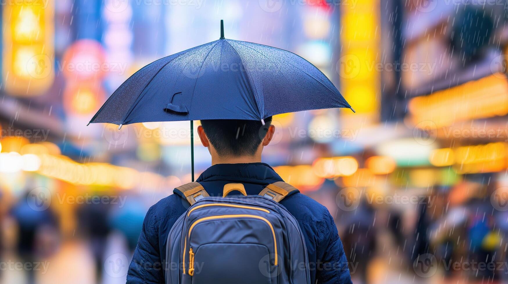Man with Umbrella in Rainy Urban Street Surrounded by Colorful Neon Lights at Nighttime photo