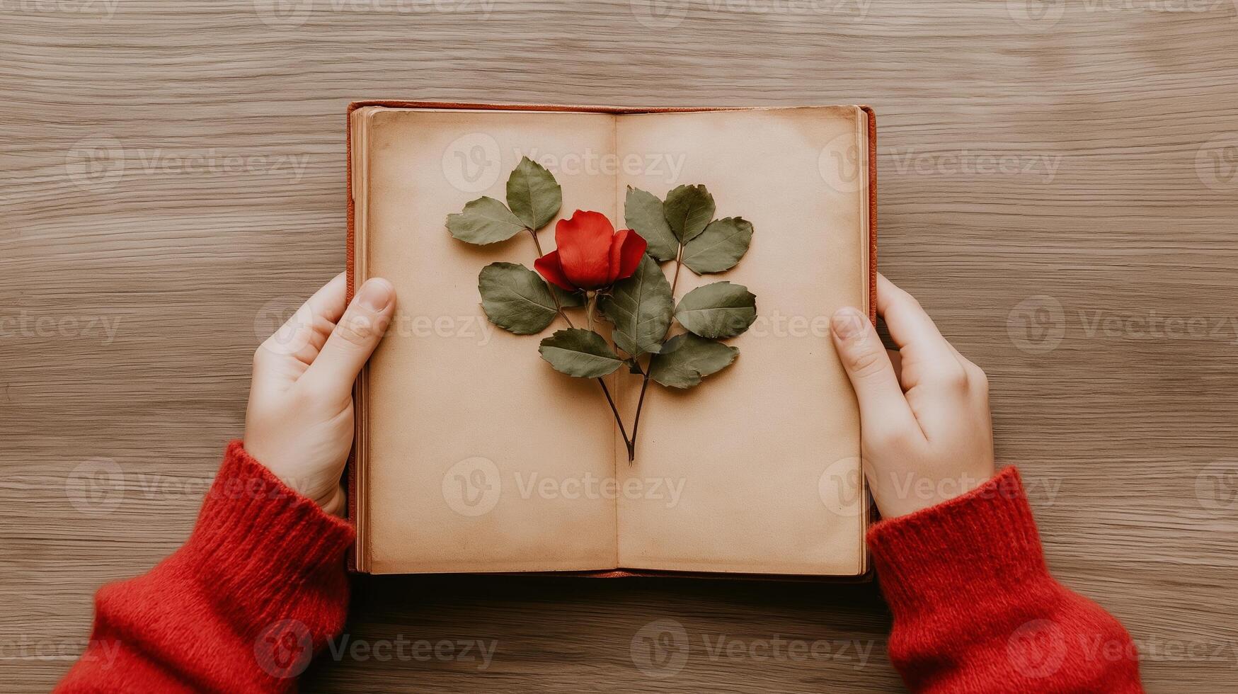 Romantic Gesture with a Red Rose on an Open Book Surrounded by Leaves in a Cozy Setting photo