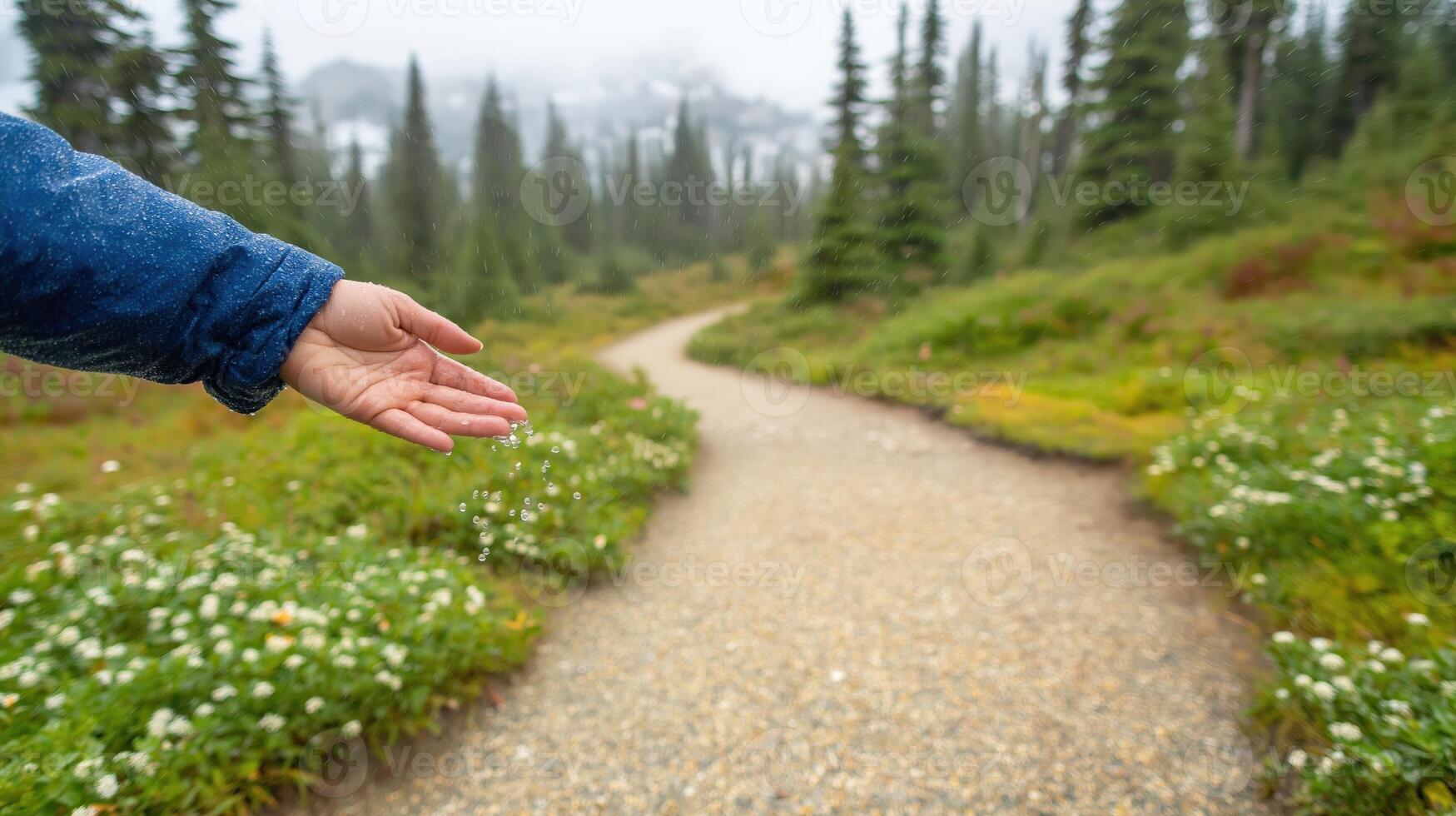 Hand Reaching Out Towards Nature in a Foggy Mountain Landscape with Path and Wildflowers Visible photo