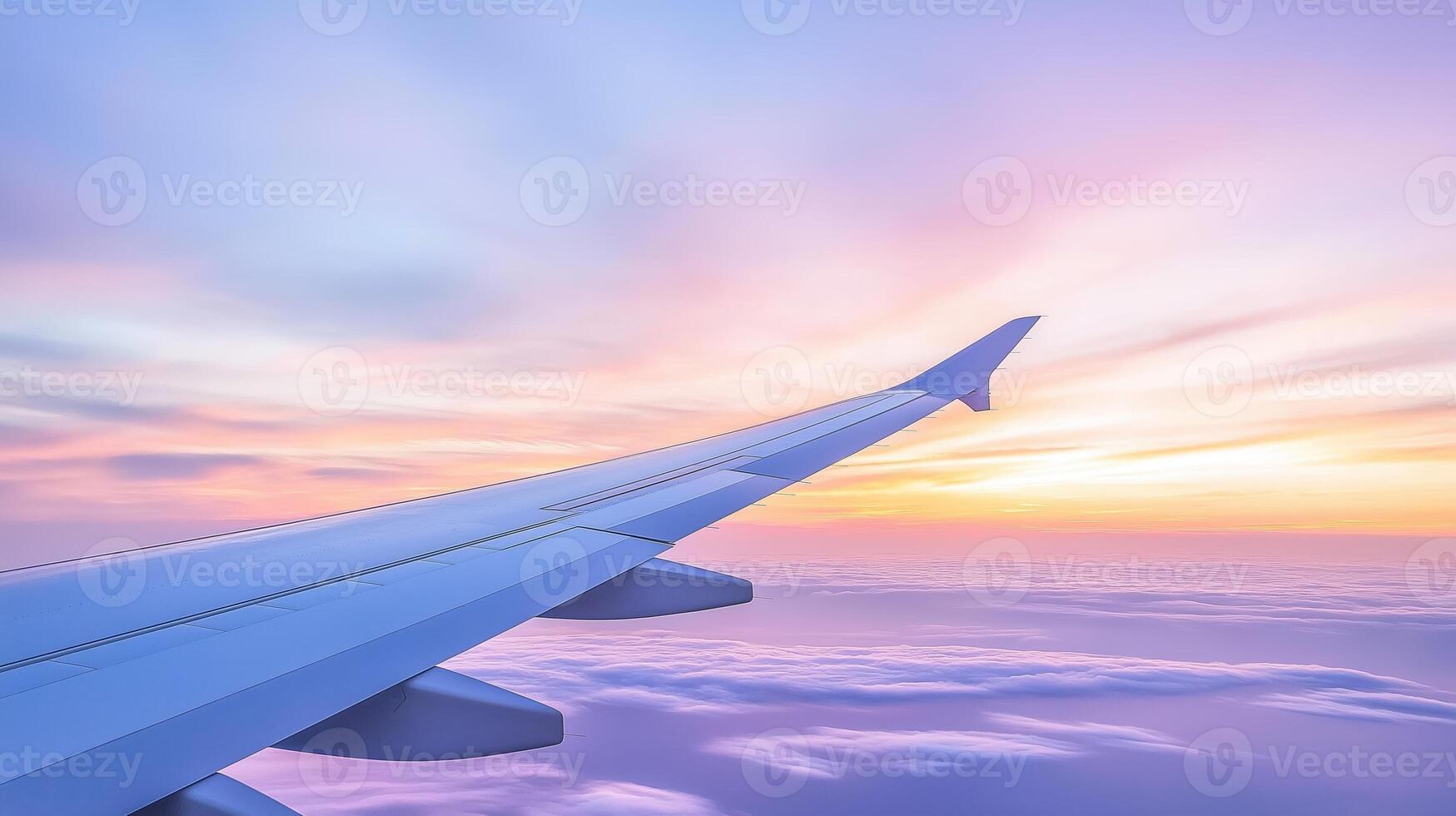 Serene View from Airplane Wing Over Beautiful Clouds and Vibrant Sunset Sky photo