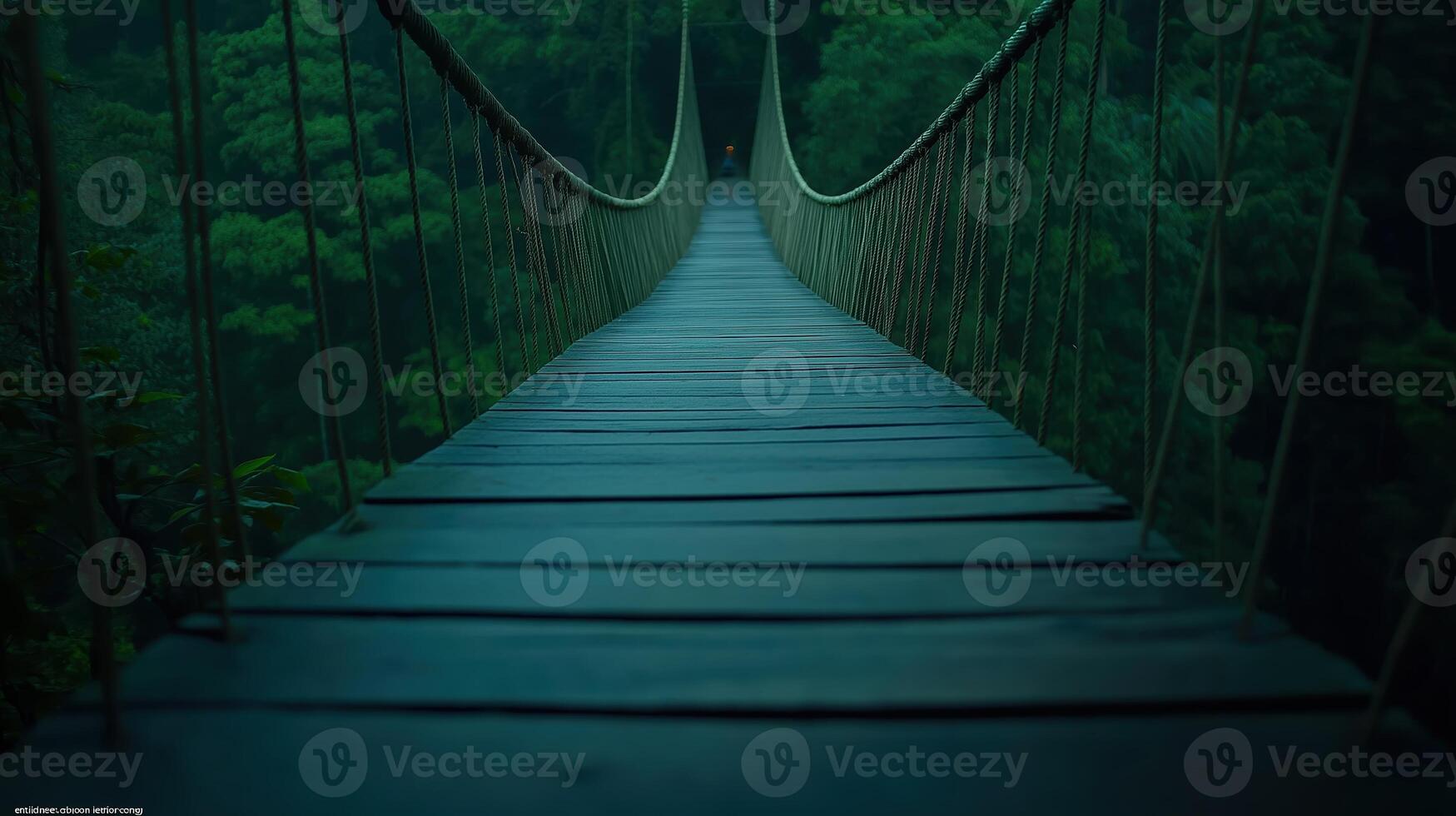 Serene Suspension Bridge Over Lush Green Forest Pathway in Tranquil Nature Scenery at Dusk photo