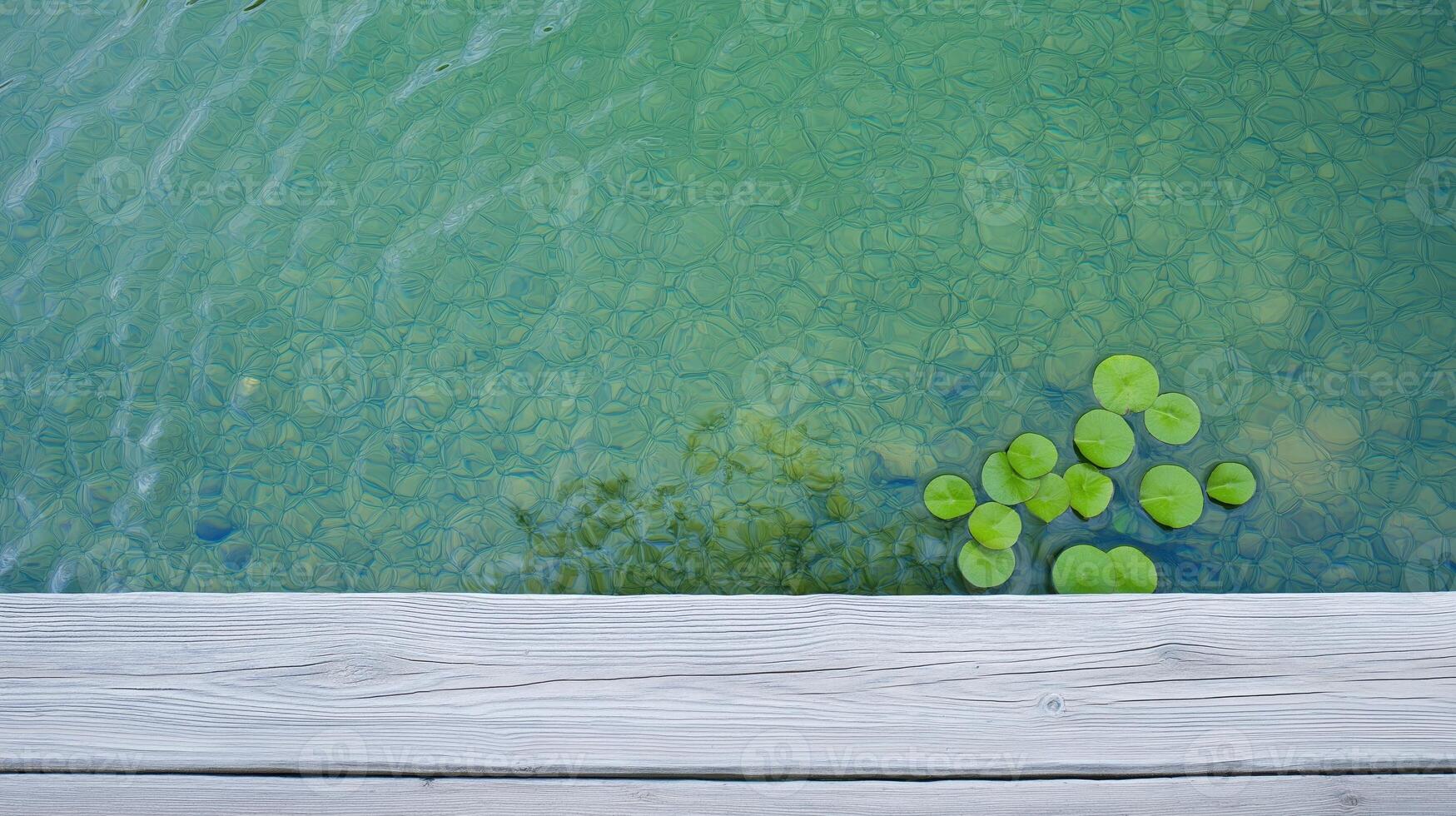 Tranquil Pond Surface with Green Lily Pads and Clear Water Reflection in Natural Outdoor Scene photo
