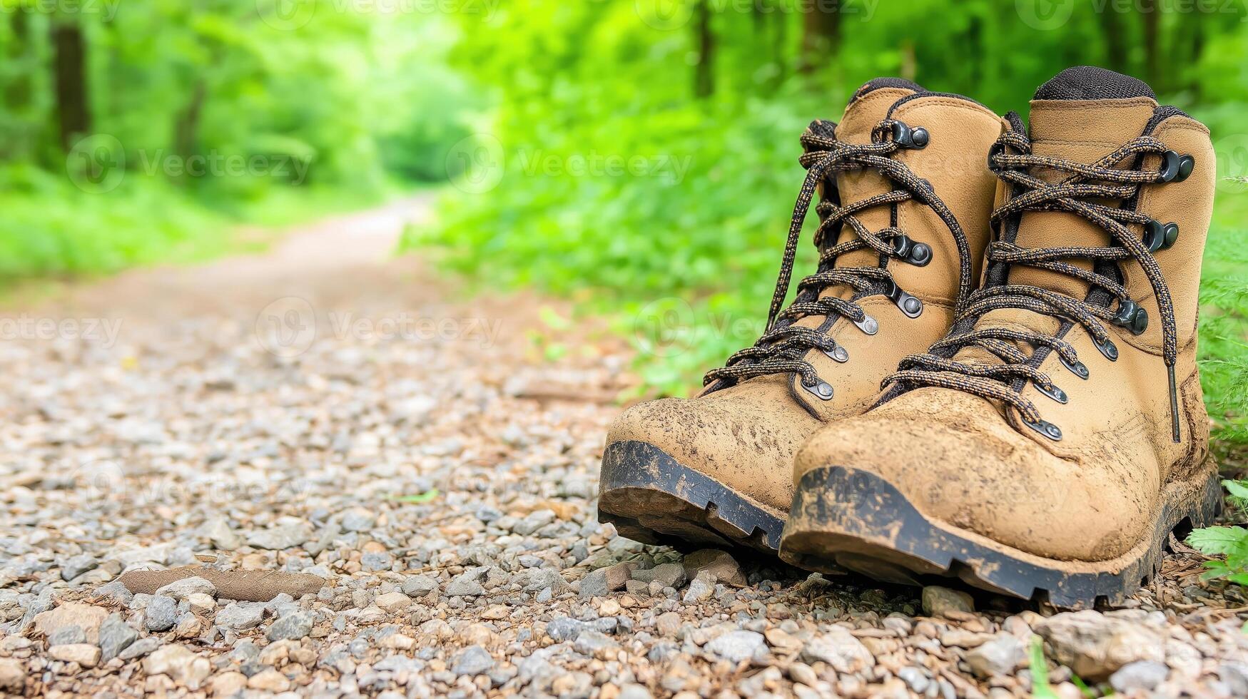 Muddy Hiking Boots on Gravel Path Surrounded by Lush Green Forest Under Bright Sunlight photo
