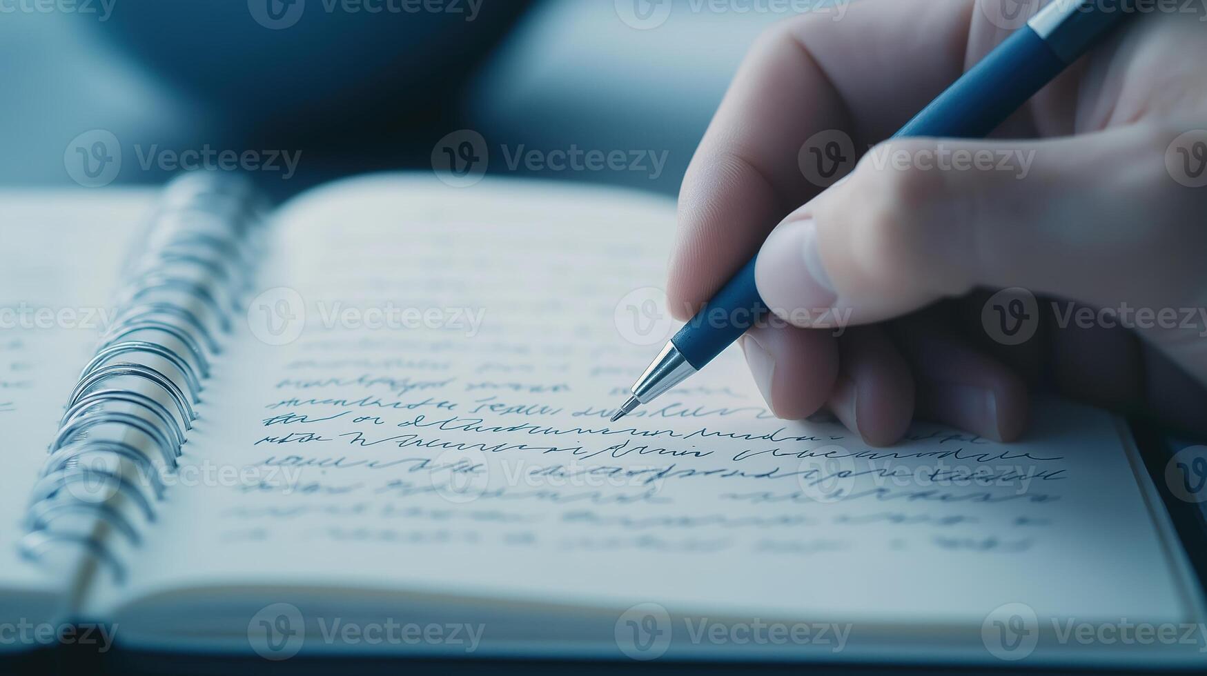 Person Writing Notes with Blue Pen in Spiral Notebook on Wooden Table with Soft Focus Background photo