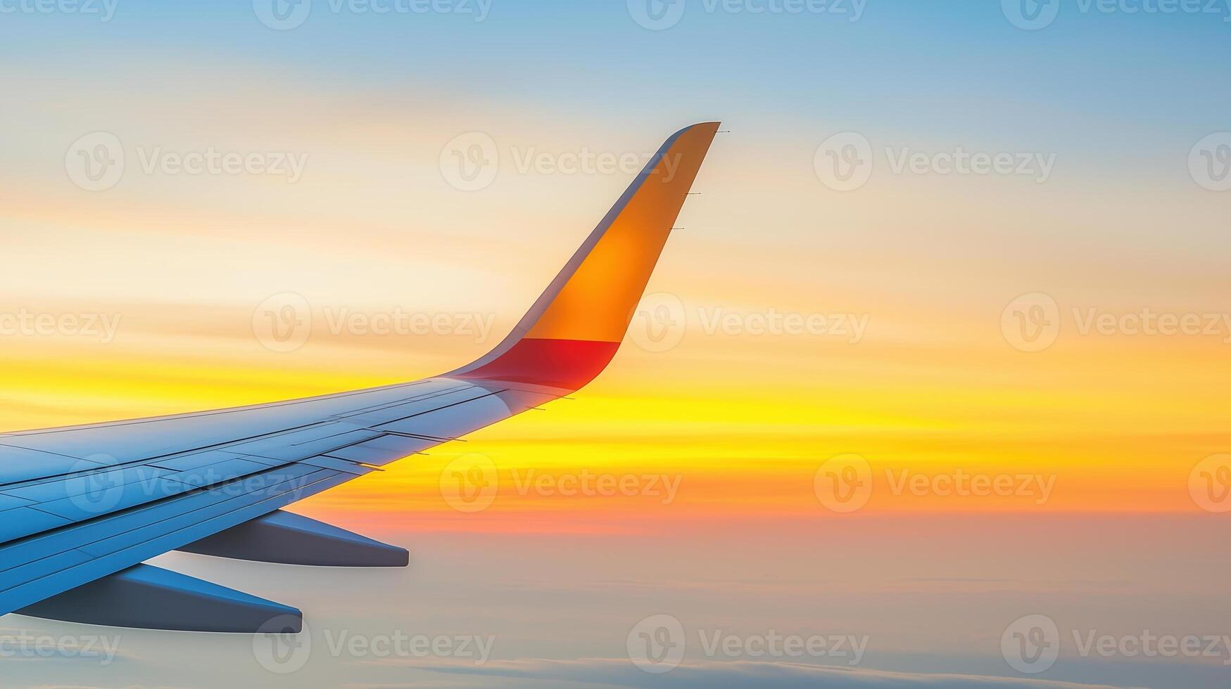 Close-Up Shot of Airplane Wing Against Beautiful Sunset Sky with Gradient Colors and Cloud Patterns photo