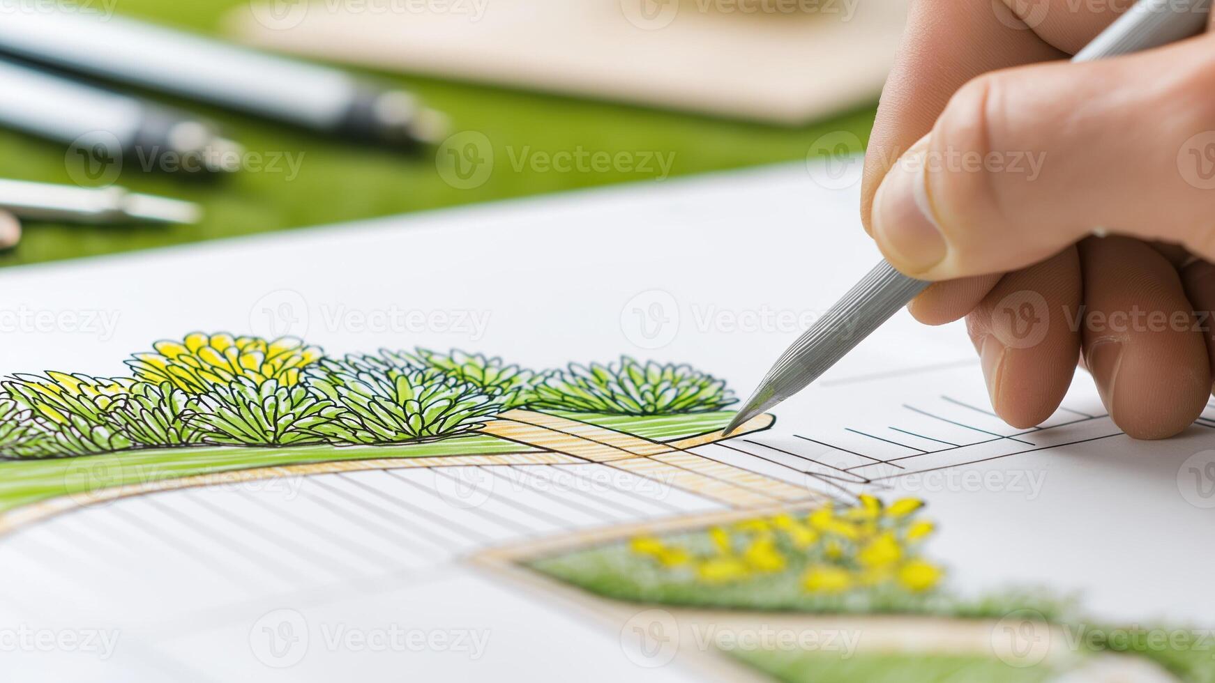 Hand Drawing of a Detailed Garden Landscape Design with Greenery and Pathway on a Bright Surface photo