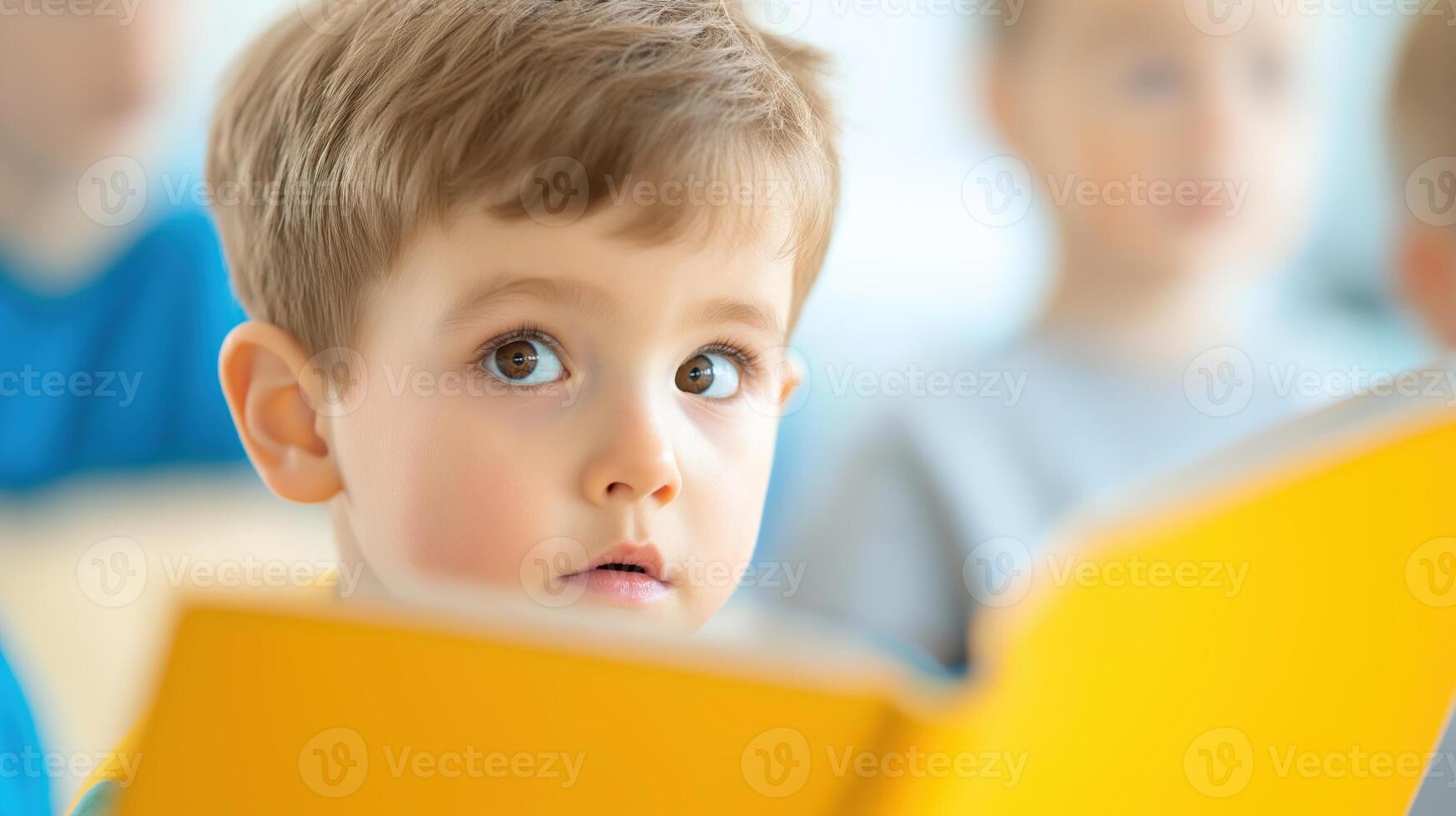 Curious young boy reading a bright yellow book in a classroom setting filled with other children around him photo