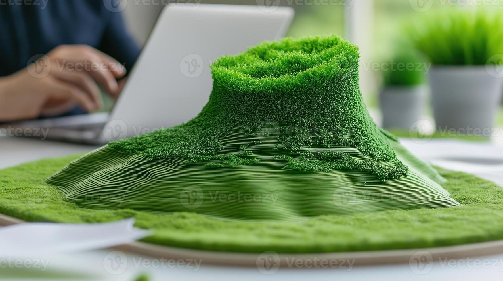 Lush Green Mountain Model Showcasing Terrain Texture with Natural Design Elements on a Desk photo