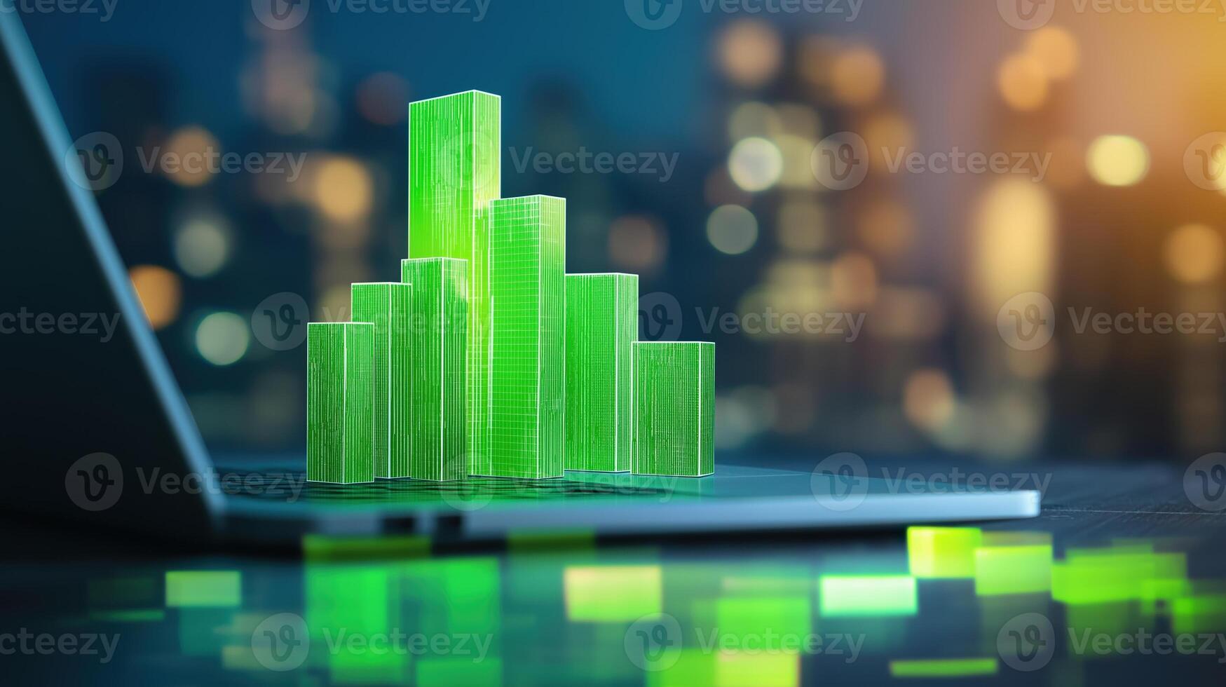 Transparent green bar graph on laptop keyboard with blurred city lights in the background at night photo
