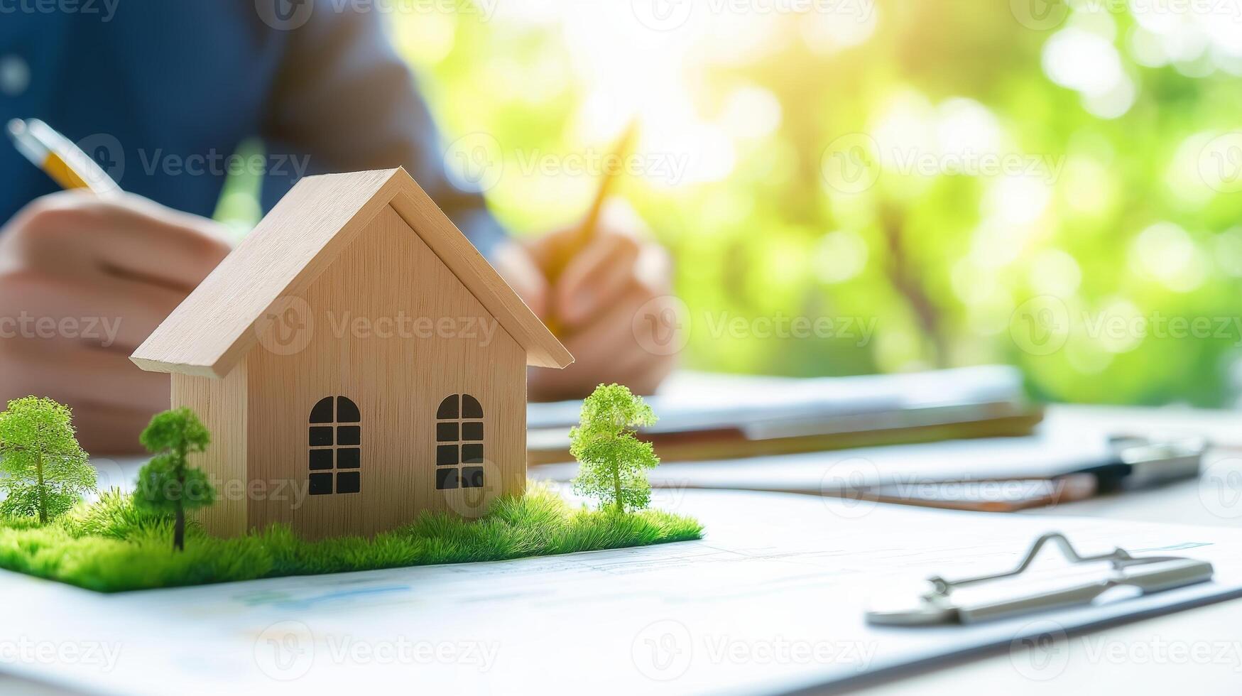 Model House on Table with Person Writing, Green Environment, Architecture, Planning, and Home Concept photo