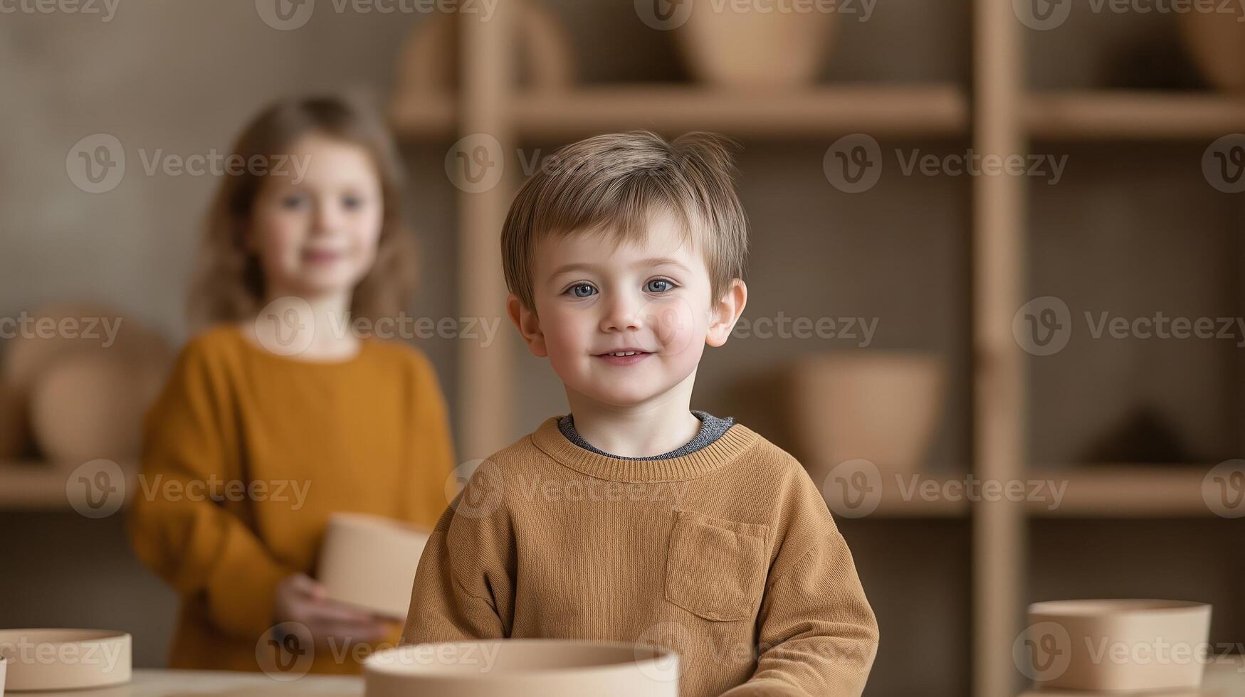 Friendly children smiling while playing with pottery in a cozy workshop setting, bright and inviting atmosphere photo
