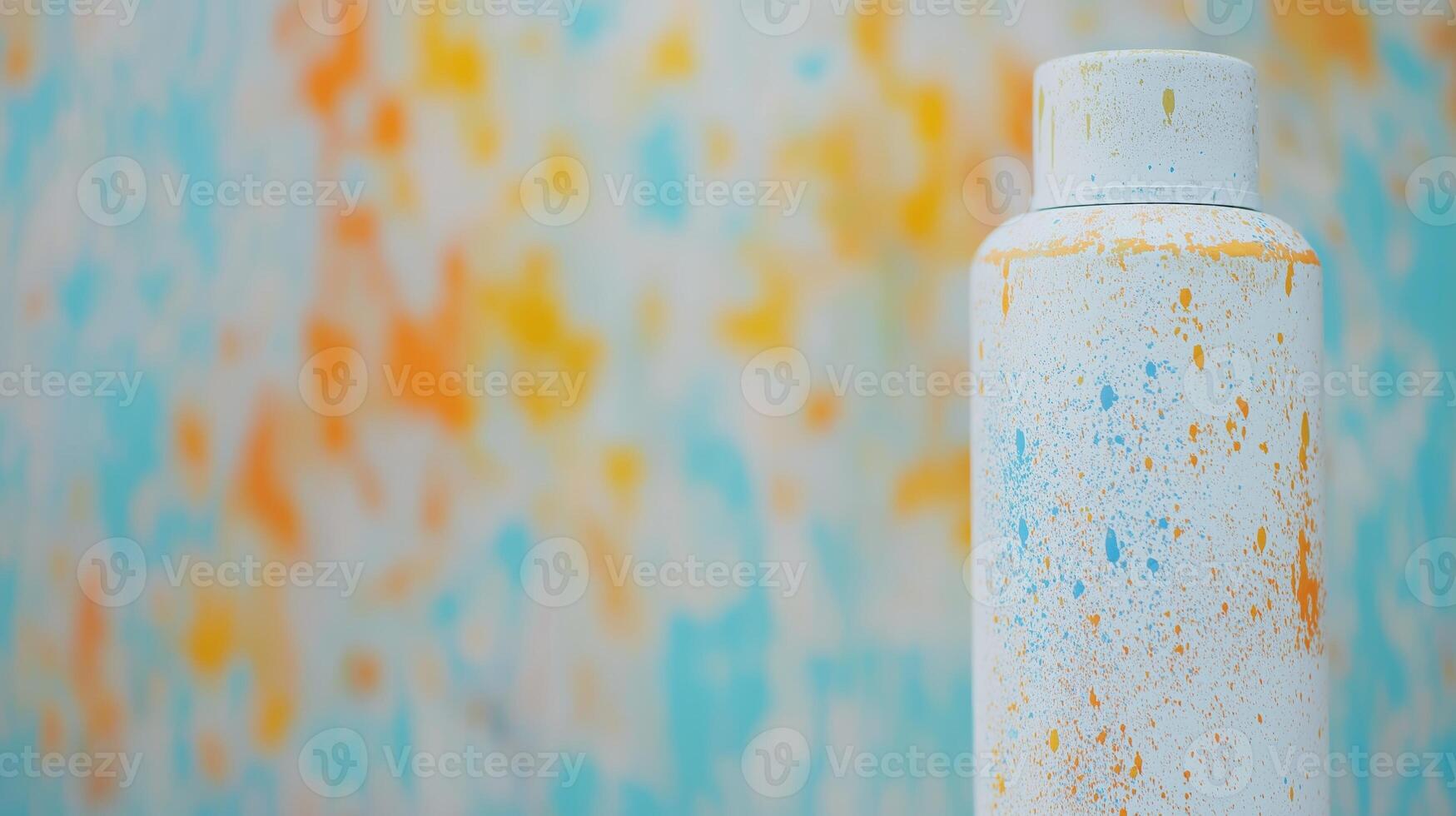 Bright Spray Paint Bottle Against Colorful Abstract Background with Orange and Blue Splashes photo