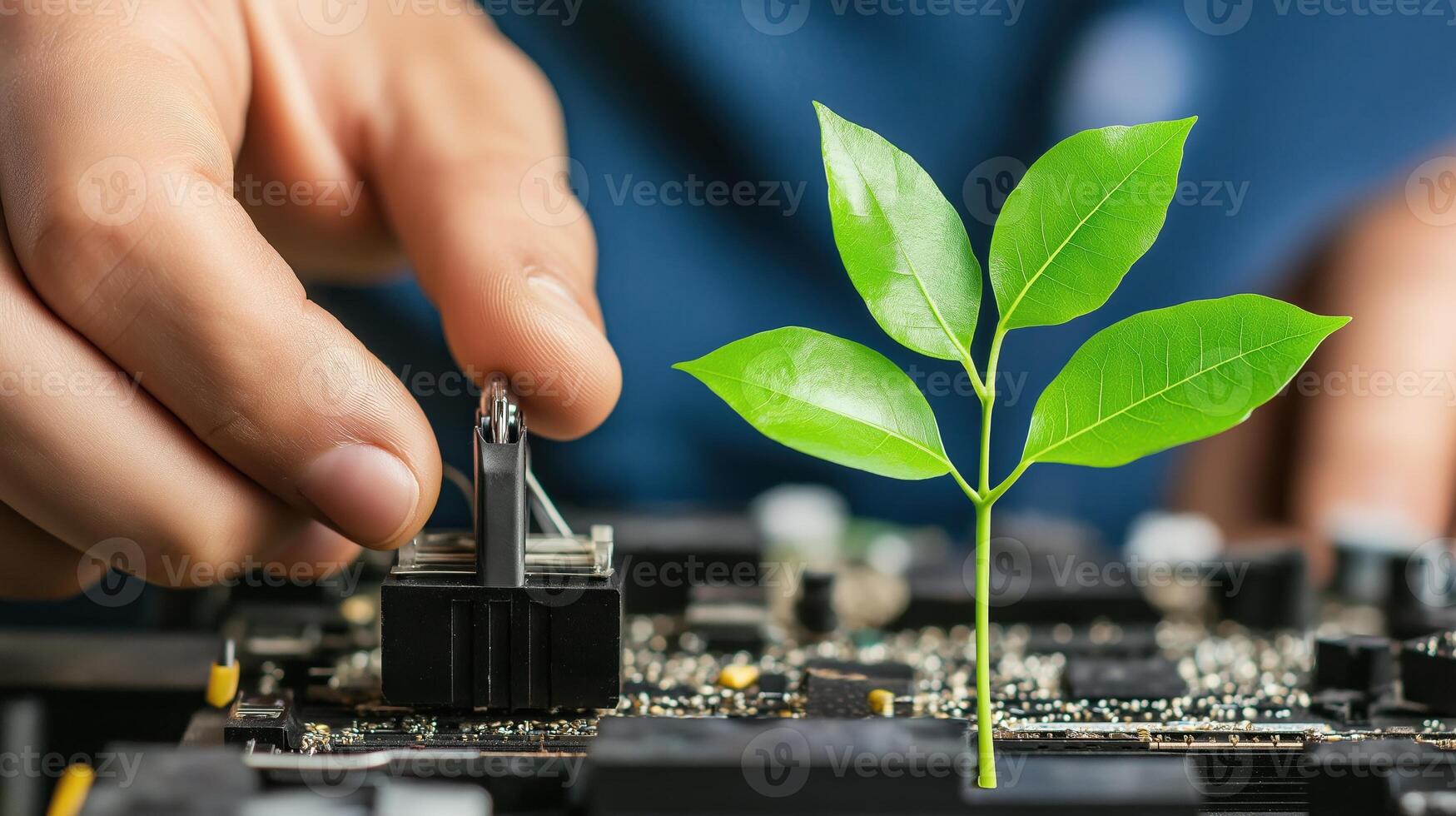 Growth of Technology and Nature Symbolizing Sustainability with Hands Working on Circuit Board and Plant photo