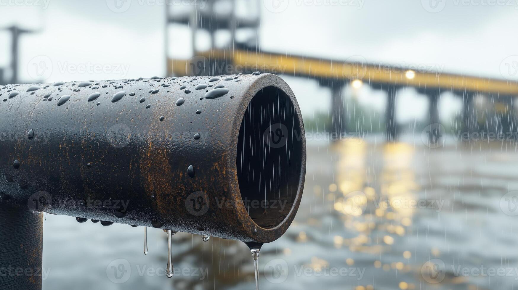 Close-Up of Rusty Metal Pipe with Water Drops on Rainy Day Near River and Industrial Structure in Background photo