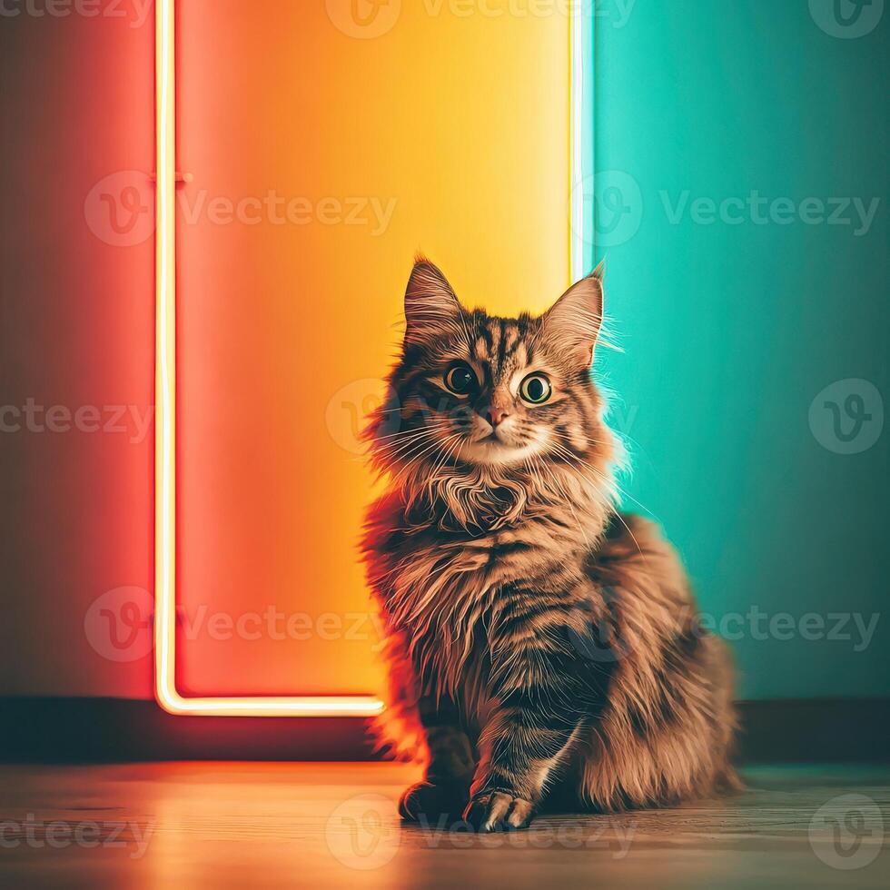 Cat Posing in Front of Colorful Neon Lights photo