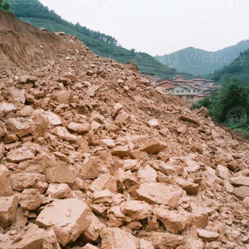 Massive Landslide Covers Village with Debris and Rocks photo