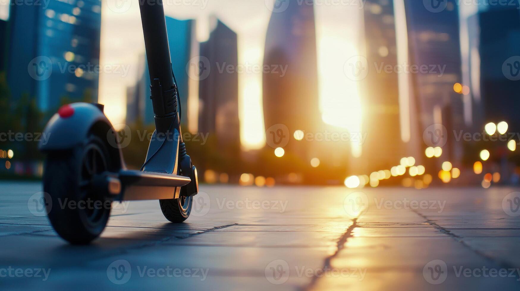Urban Electric Scooter in City Landscape at Sunset photo