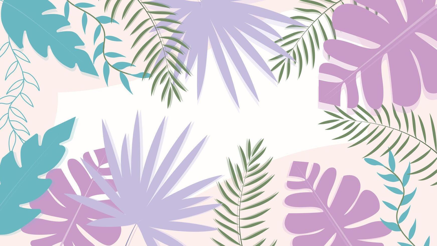 Elegant tropical background with pastel leaves in lavender and teal perfect for creative design projects, nature themes, and modern artistic layouts vector