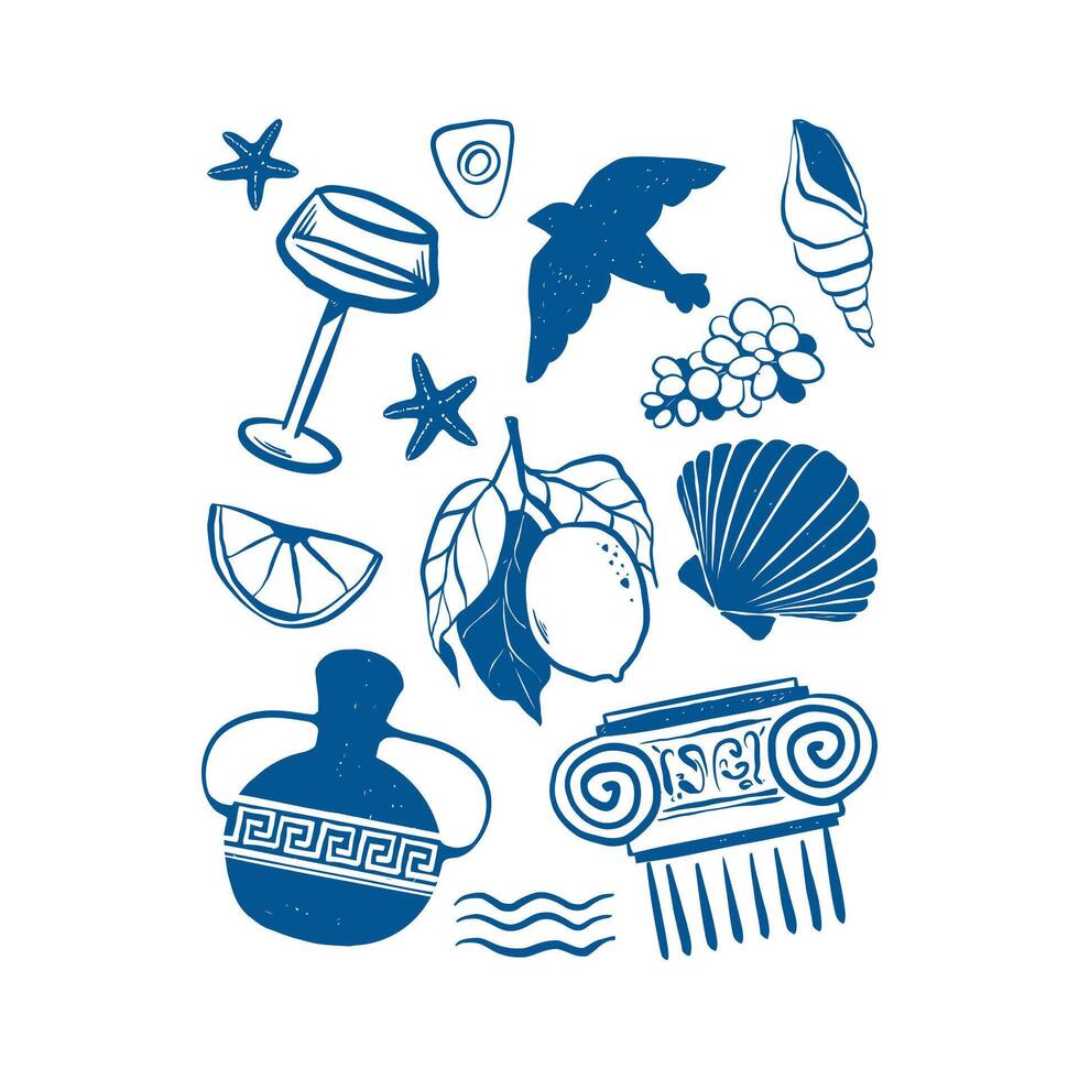 Hand drawn summer doodles, vacation and travel elements. Coastal outline icon set in blue color. Vibe of Greece and Italy vector