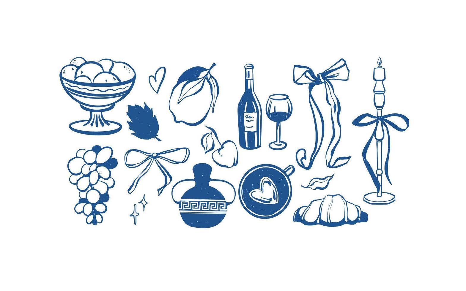 Hand drawn summer doodles, beach party, summer picnic elements, fruits, wine, candles and bows. Summertime line icon set vector