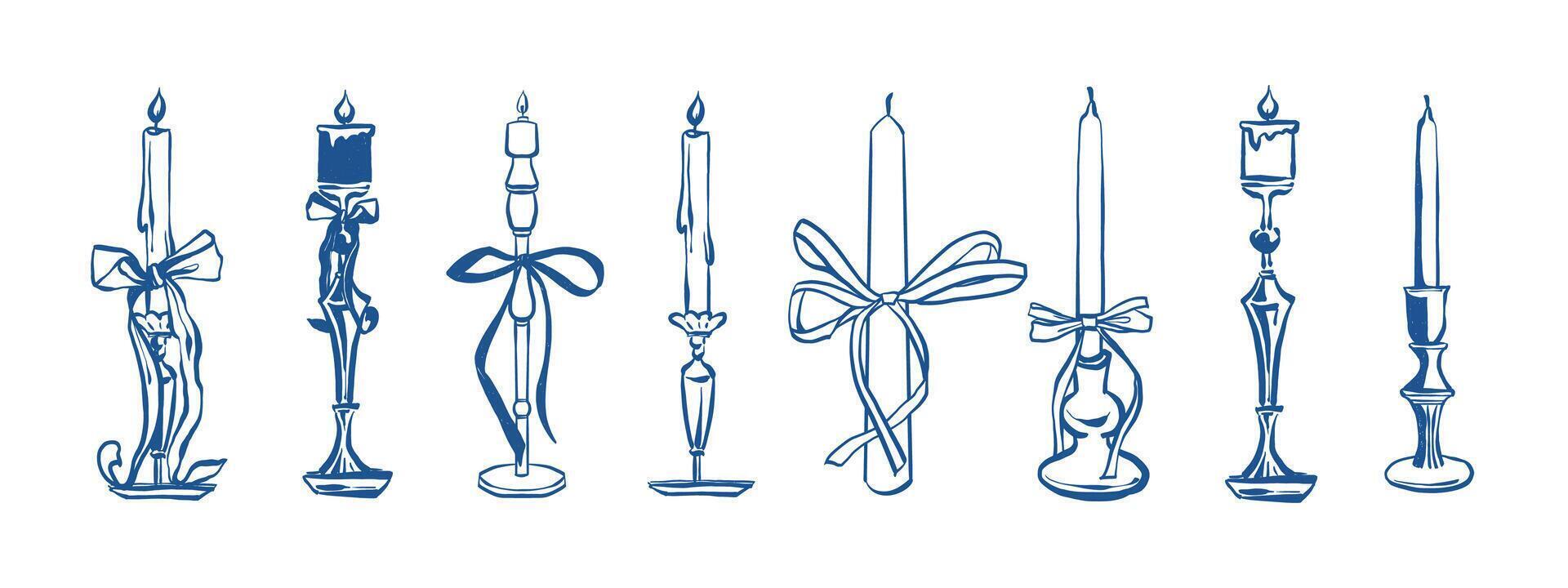 Set of hand drawn vintage elegant candles with outline bows in blue color. illustration in retro sketch parisian style. illustration vector