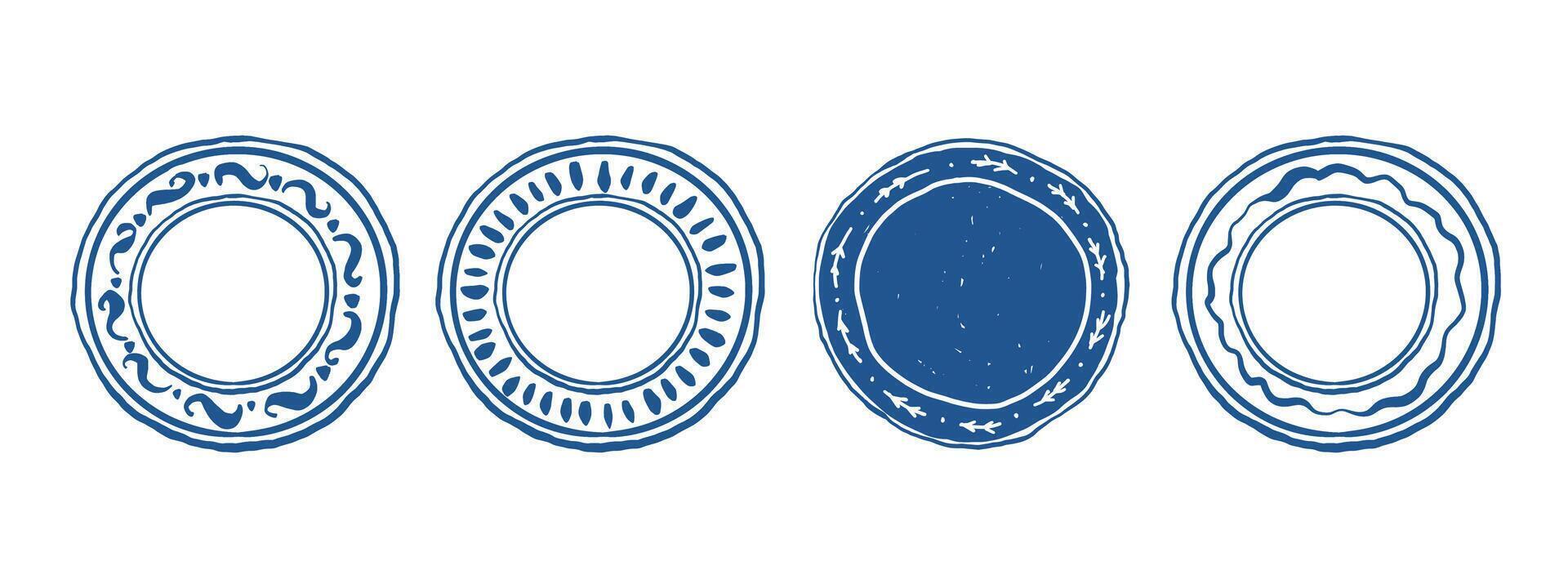 Set of hand drawn doodle plates in blue color. Graphic tableware. illustration vector