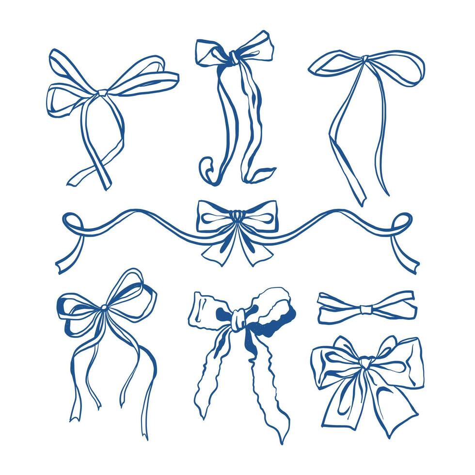 Set of bow in vintage style. Doodle outline bow. Design elegant blue elements. illustration vector
