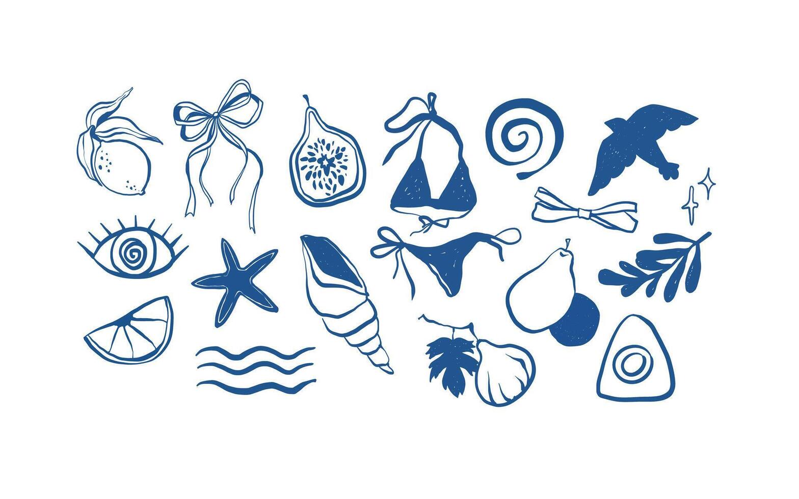Hand drawn summer doodles, beach party, vacation and travel doodle elements. Tropical leaves, fruits and cocktails sketches, cute summertime line stickers set. illustration vector
