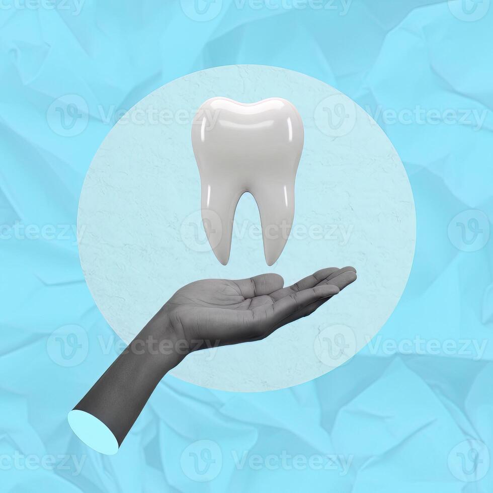 Dental Health and Wellness. A large tooth is held gently in hand, symbolizing care and awareness in oral hygiene. photo