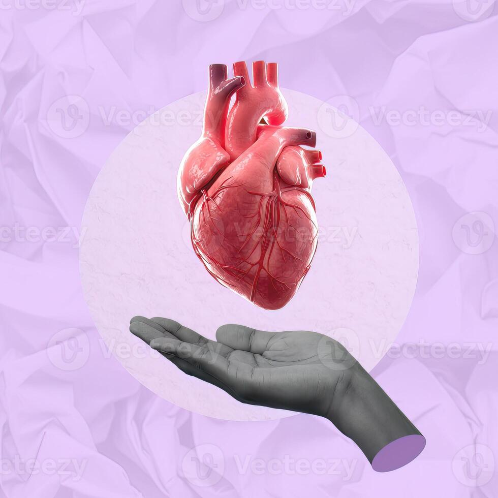 Heart Health and Wellness. A realistic heart is cradled in a hand, emphasizing the importance of cardiovascular health. photo