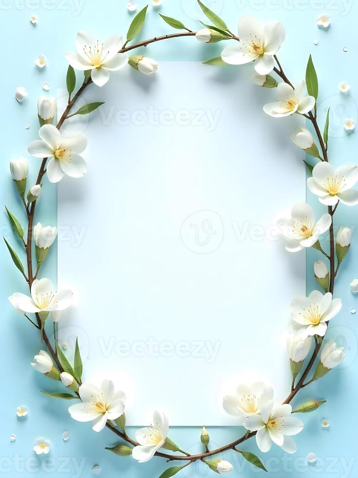 A blank white square card is framed by delicate white flowers photo