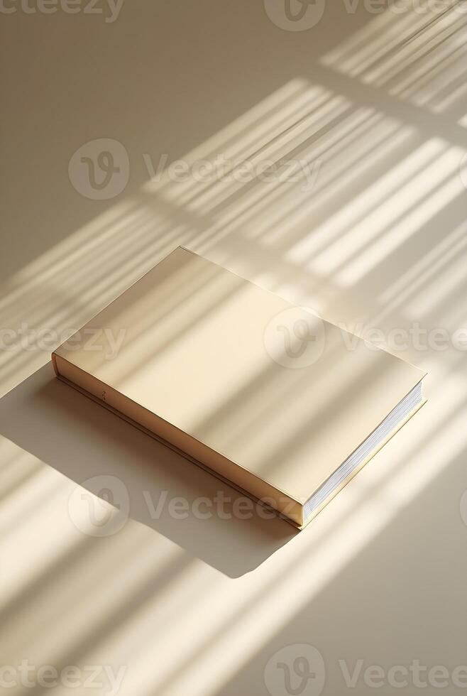 Blank white book with subtle shadows on background, offering a clean photo