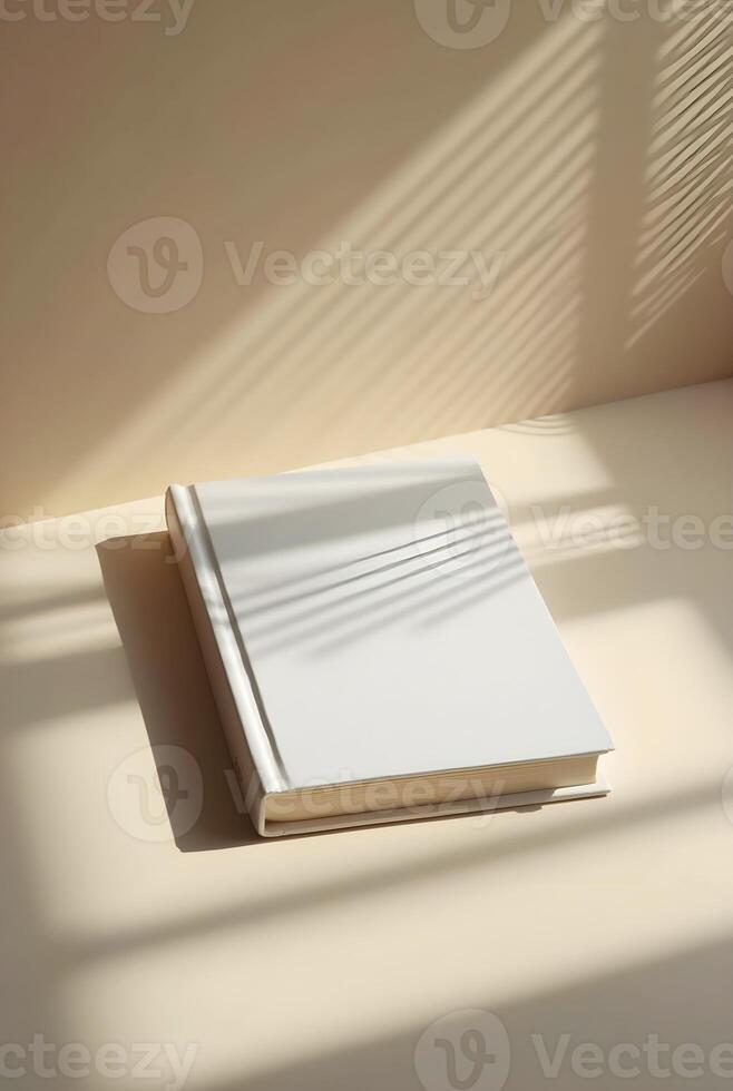 Blank white book with subtle shadows on a neutral background, offering a clean photo