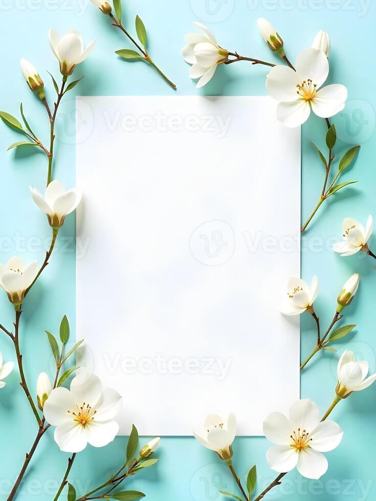 A blank white square card is framed by delicate white flowers with yellow centers against a soft blue background photo