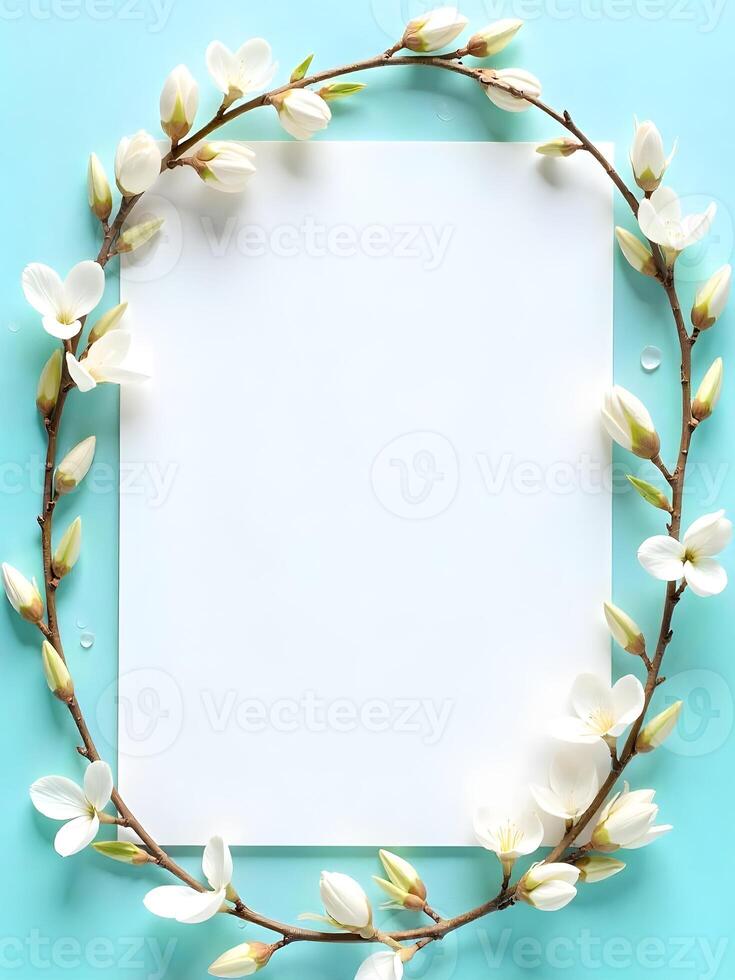white square card is framed by white flowers with yellow centers against a soft blue background photo