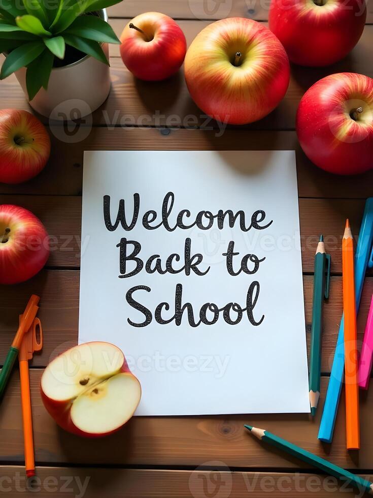 message surrounded by apples and pencils on a rustic wooden table photo