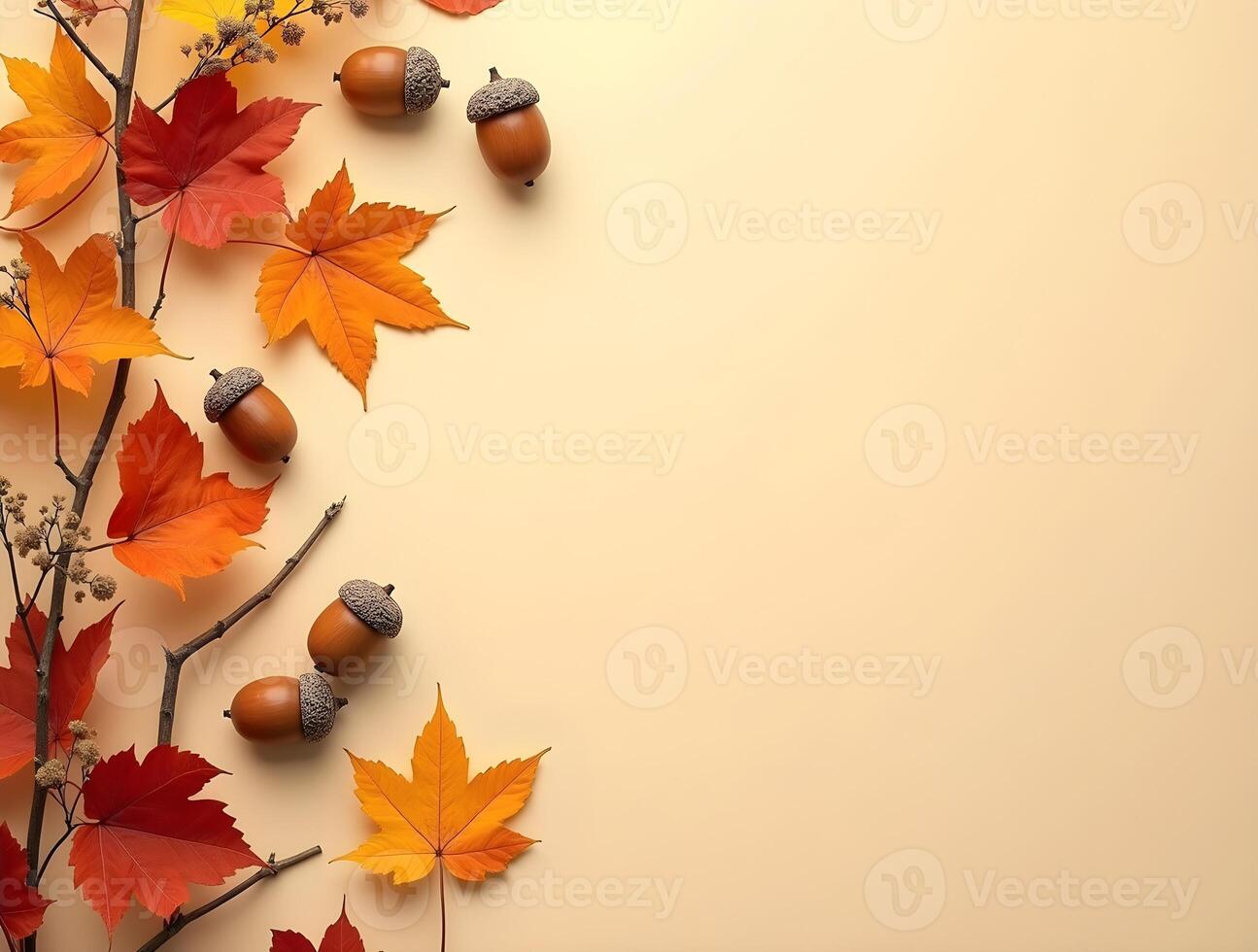 Autumn leaves, acorns, and branches on a warm beige background, perfect for seasonal invitations photo