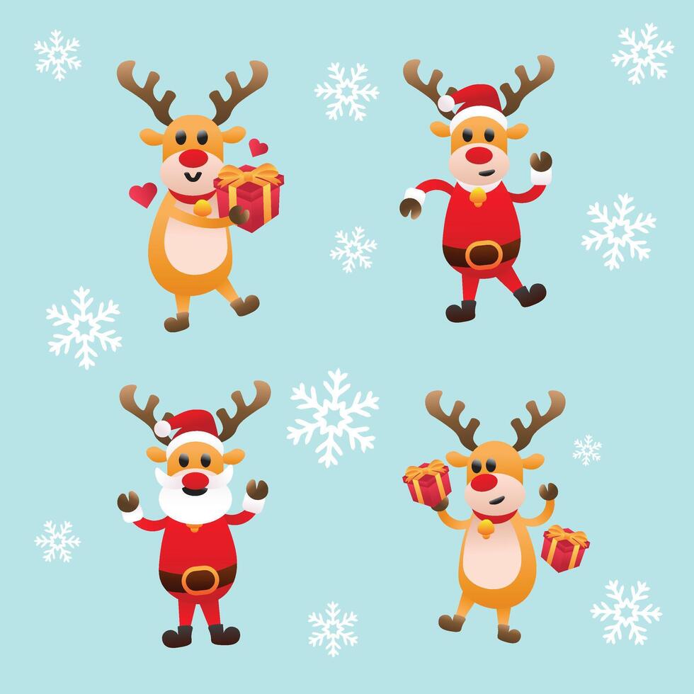 cute christmas reindeer seamless pattern with snowflakes. festive cartoon reindeer in santa outfits and holding gifts. perfect for holiday wrapping paper, greeting cards, fabric prints, and decoration vector