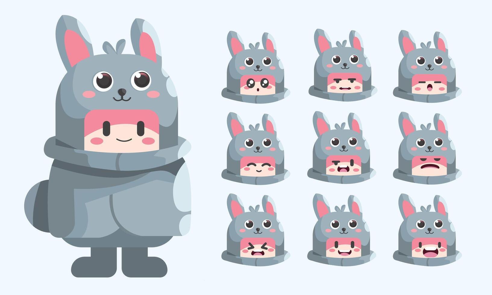 Cute character set of a child in a bunny costume with various facial expressions. Perfect for stickers, avatars, and designs for kids Illustration vector
