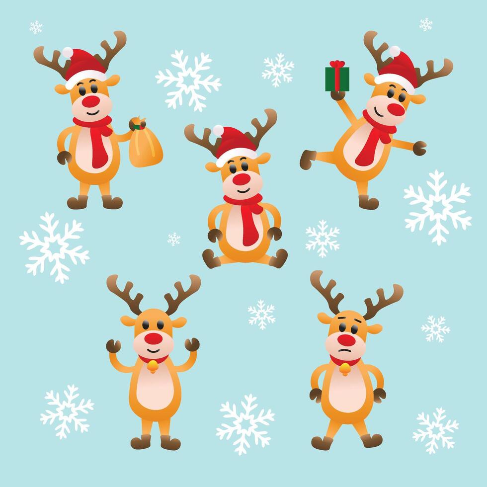 cute christmas reindeer seamless pattern with snowflakes. festive cartoon design featuring santa hat reindeer in playful poses. perfect for holiday wrapping, cards, fabric, and digital projects. vector