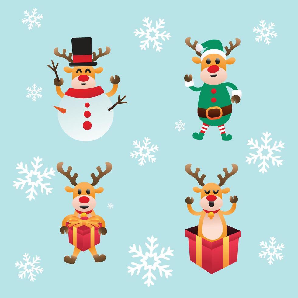 cute christmas reindeer seamless pattern with snowflakes. festive cartoon reindeer dressed as a snowman, elf, and popping out of gifts. perfect for holiday wrapping paper, cards, and fabric prints. vector