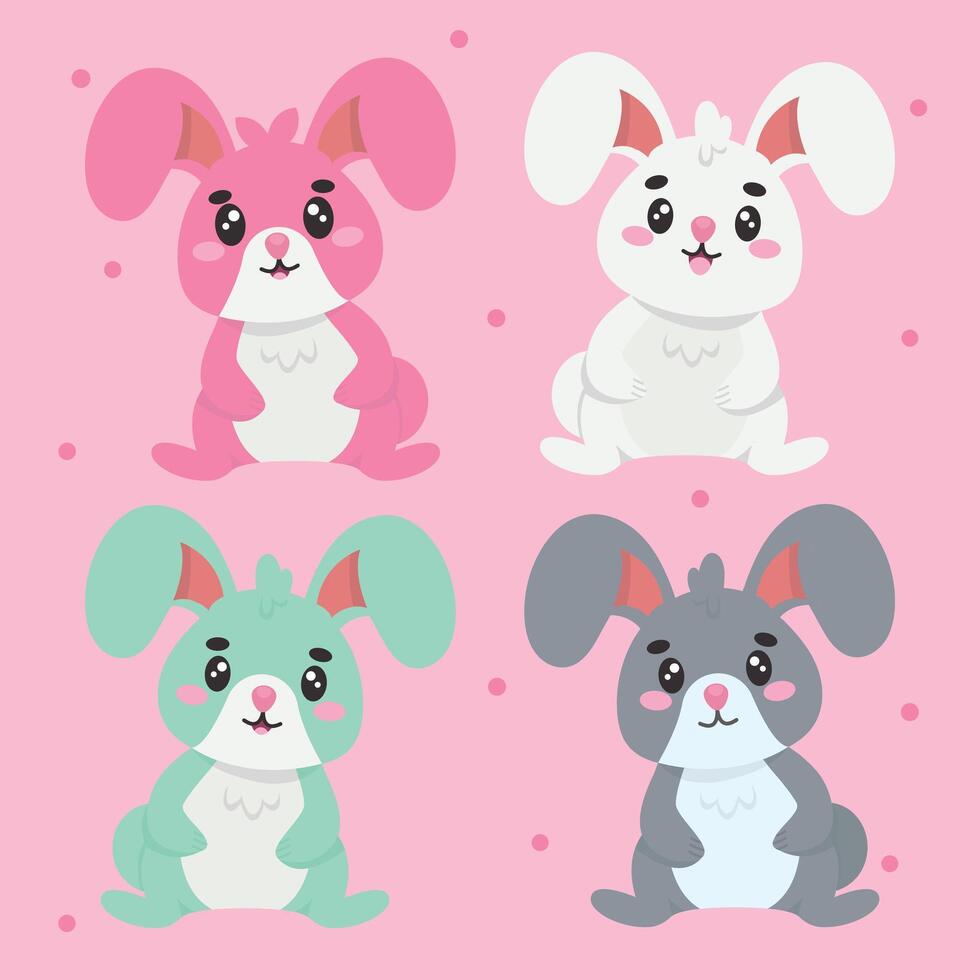 Four adorable cartoon bunnies in pink, white, mint, and gray on a pink background with scattered dots. Cute and colorful illustration perfect for children's designs, stickers, and Easter themes. vector