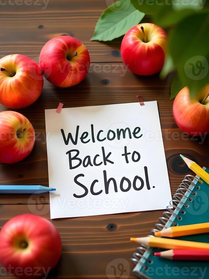 Welcome Back to School message surrounded by apples and pencils on a rustic wooden table photo