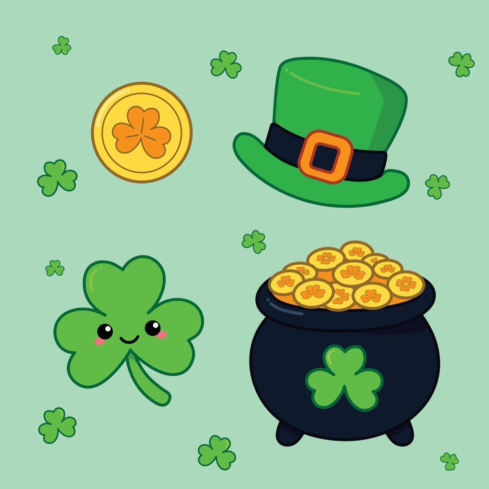 A cute St. Patrick's Day illustration featuring a shamrock with a face, gold coin, leprechaun hat, and pot of gold on a light green background. Ideal for festive designs. vector