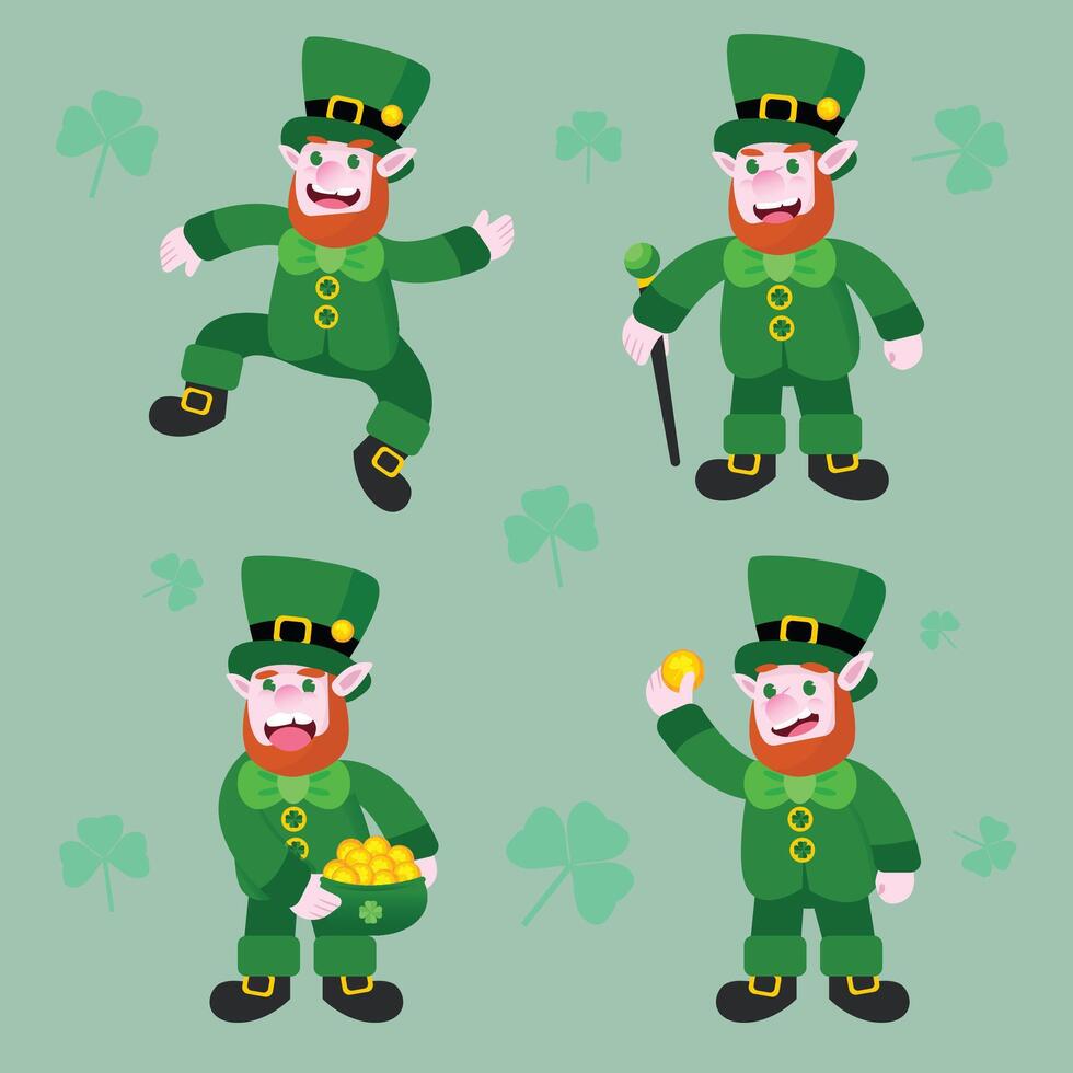 festive st. patrick's day illustration featuring four cheerful leprechauns in green outfits with gold coins, a cane, and shamrocks. perfect for holiday designs, cards, and decorations. vector